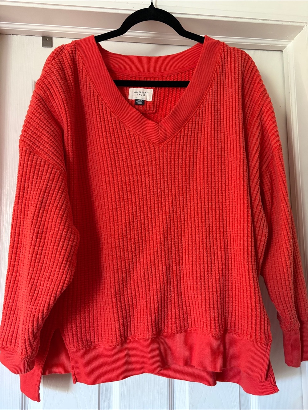 American Eagle Outfitters Coral-Red V-Neck Waffle Knit Sweater
